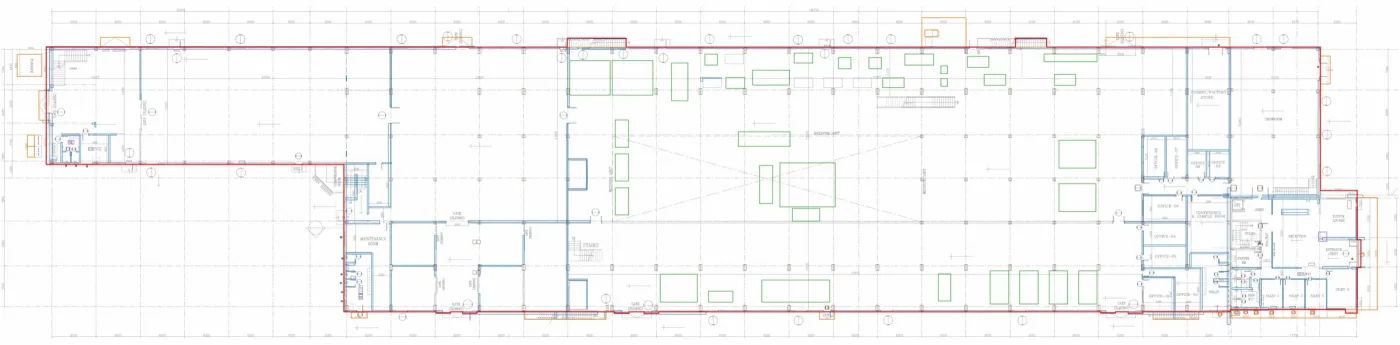 Floor plan of the BES plant with the measured perimeter in red over the drawn walls in blue and machines in green