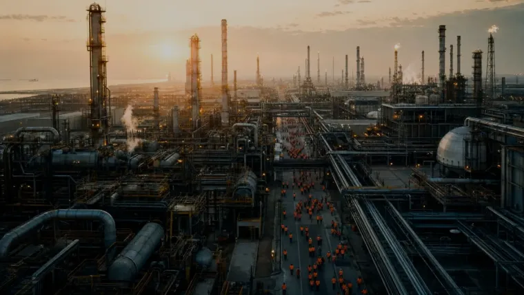 Processing plant at sunset with crews on the ground