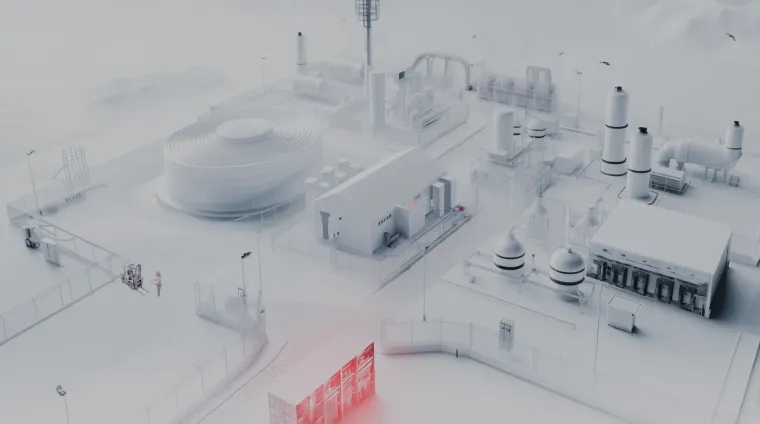 Industrial facility model with one equipment rack glowing red