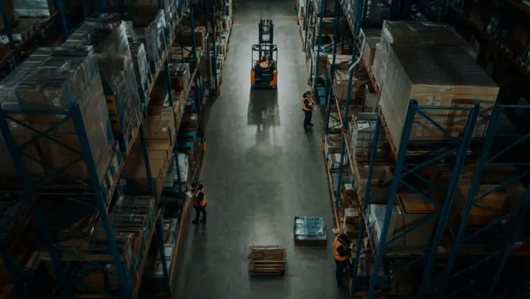 Forklift moving between racking aisles, seen from above