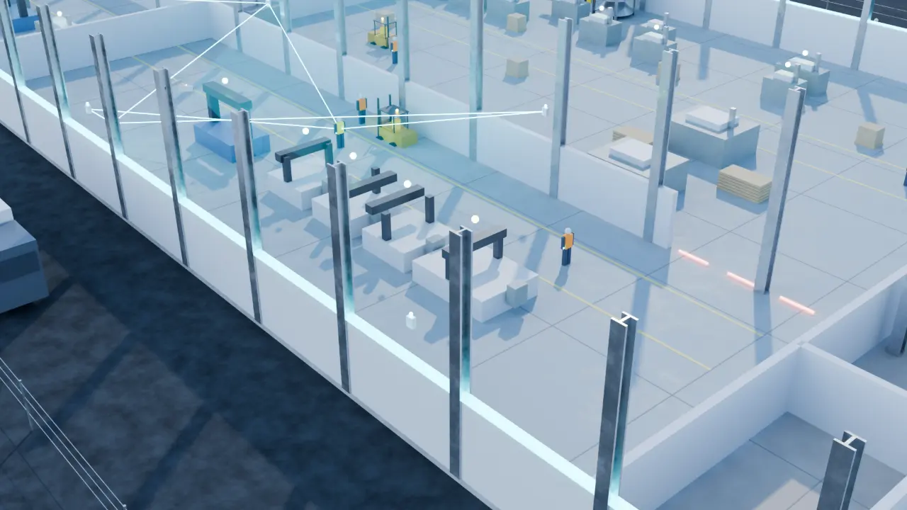 The CNC department of the BES plant in the measured twin, with tracked workers and the deviation outline